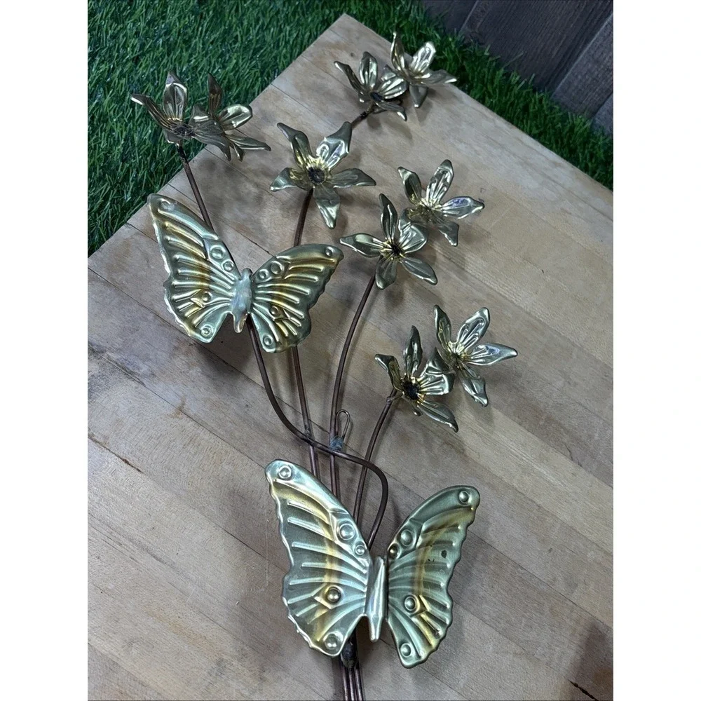Retro MCM Metal Brass Butterfly Flower Leaves Wall Hanging Art Decor Set Of 2